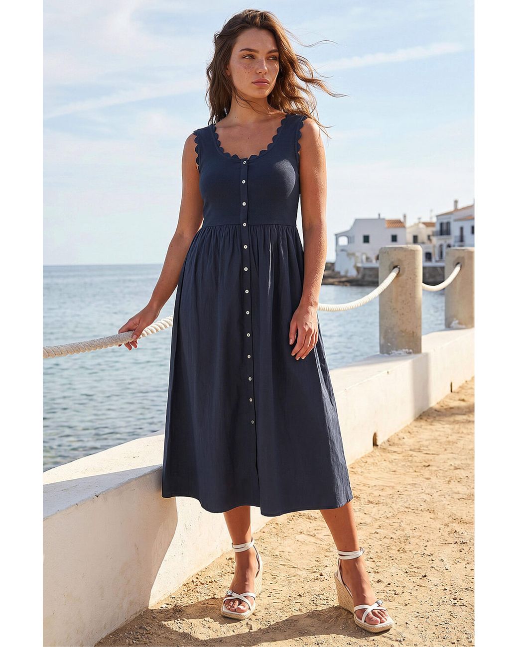 Roman Blue Petite Cotton Scallop Trim Dress