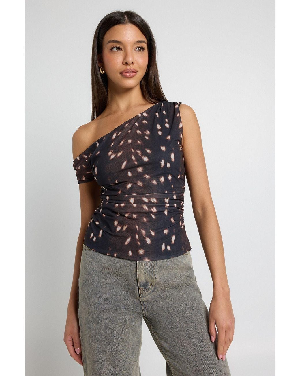 Boohoo Brown Deer Print Asym Off The Shoulder Top