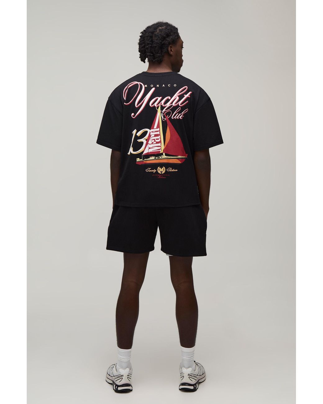 BoohooMAN Black Oversized Boxy Yacht Club T-Shirt & Jersey Short Set for men
