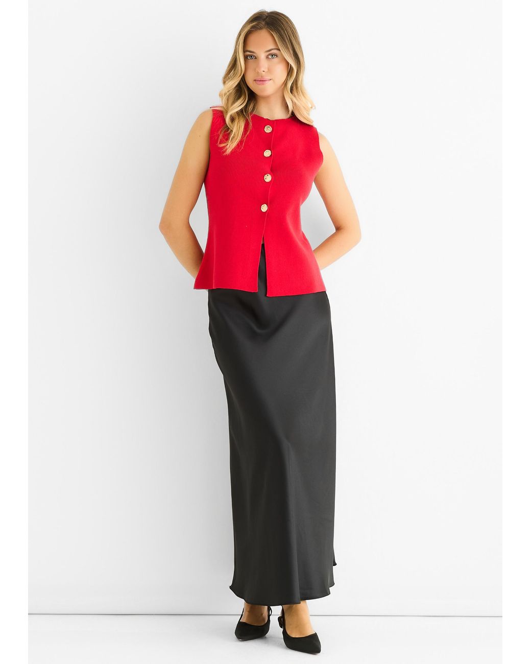 Gini London Red Cherry Button Front Compact Knit Waistcoat