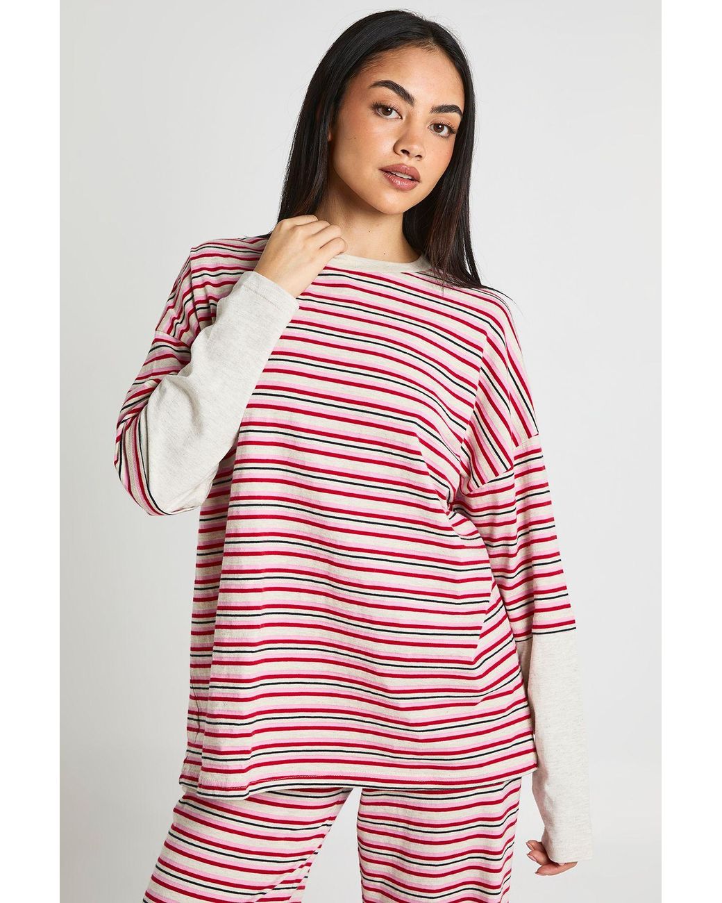 Boohoo Red Stripe Double Layer Oversized T-Shirt