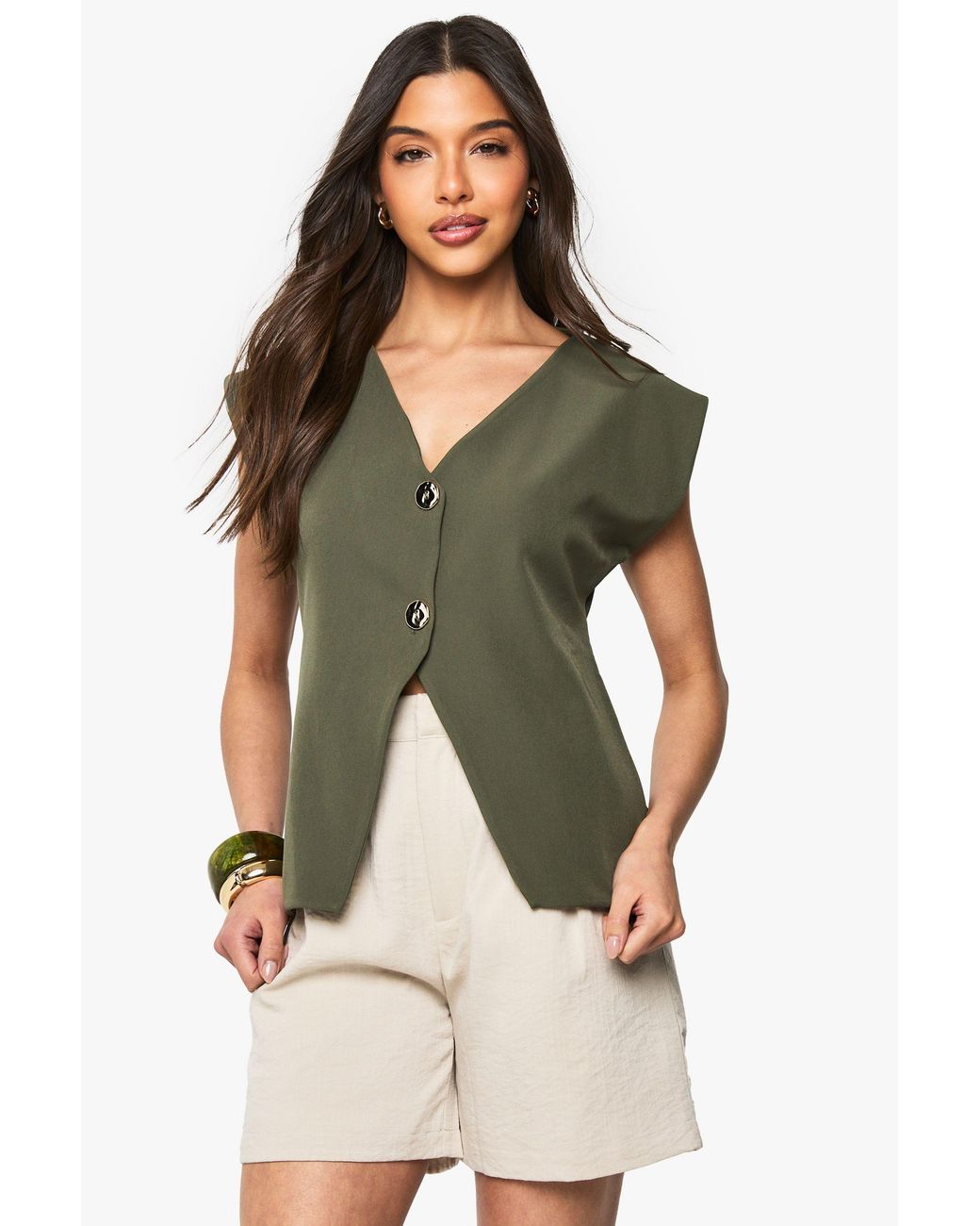 Boohoo Green Crepe Button Detail V Neck Waistcoat