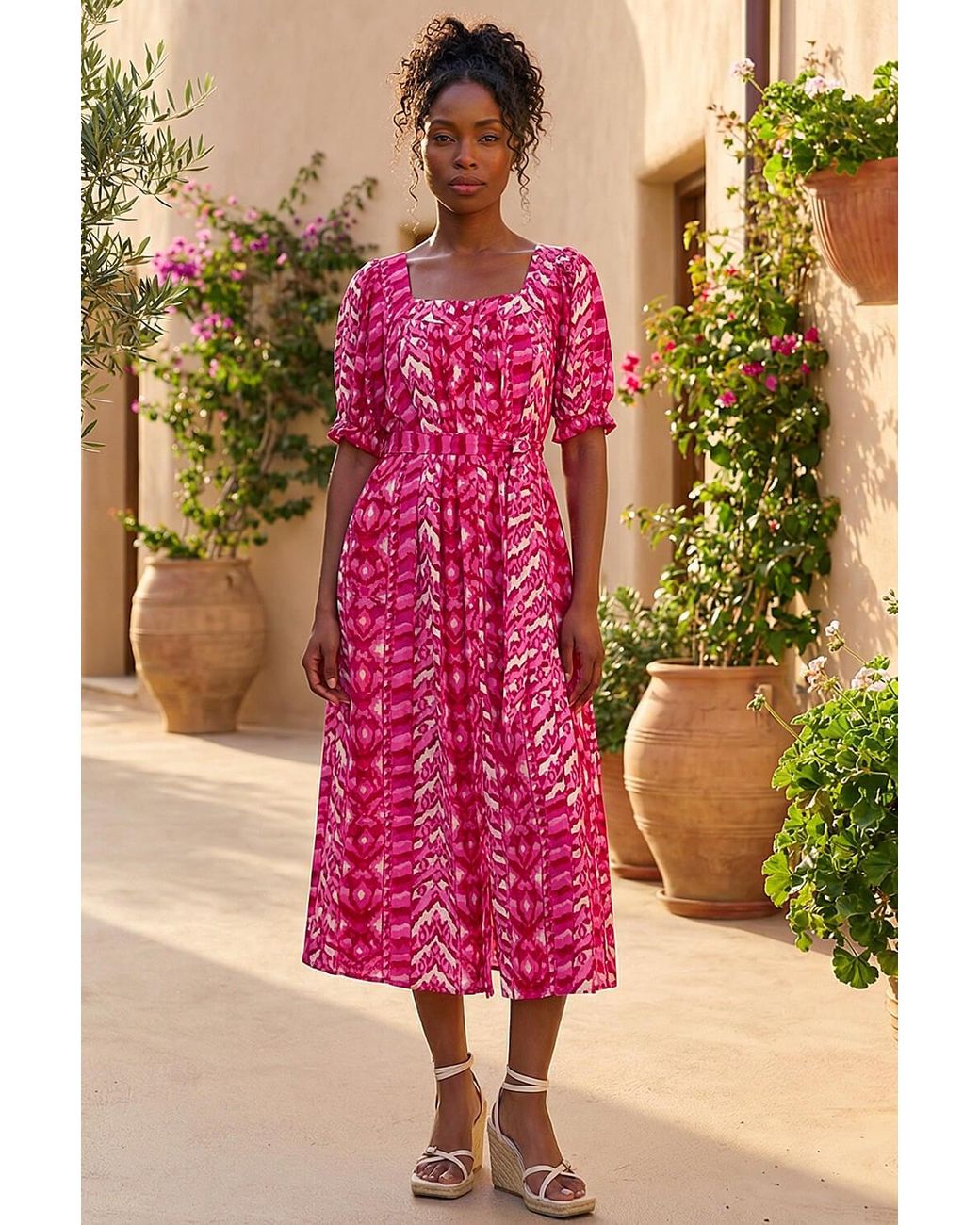 Roman Pink Abstract Print Belted Dress