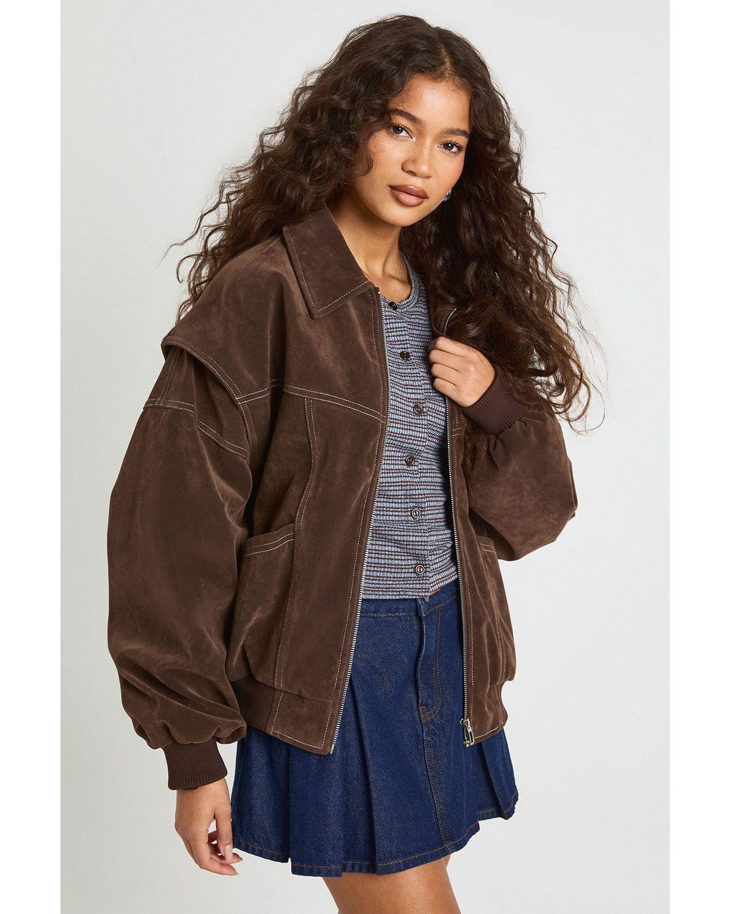 Boohoo Brown Faux Suede Contrast Stitch Bomber Jacket