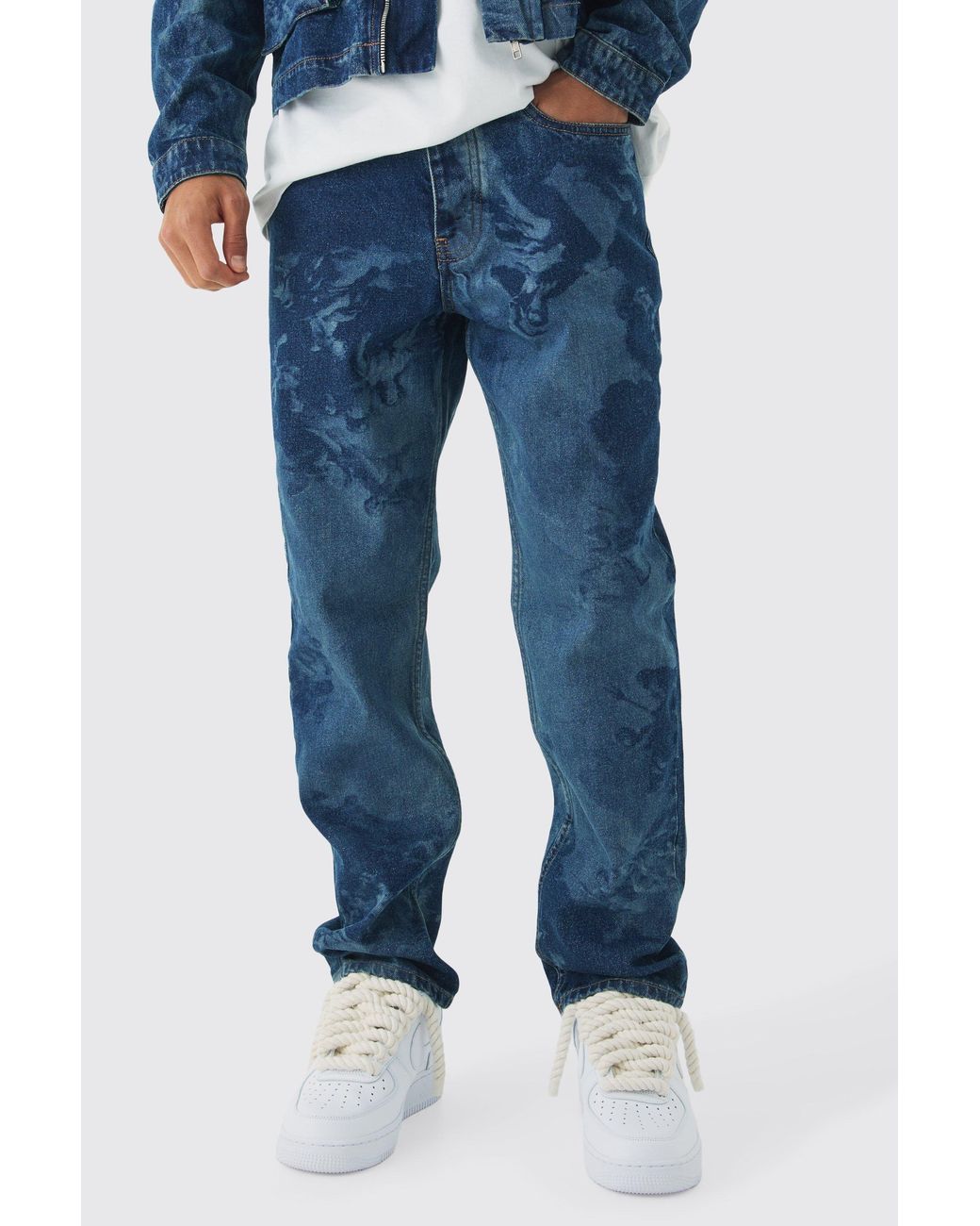 BoohooMAN Blue Slim Fit Renaissance Laser Print Denim Jeans for men