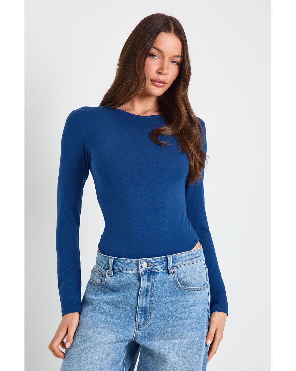 Boohoo Blue Basic Long Sleeve Crew Neck Bodysuit