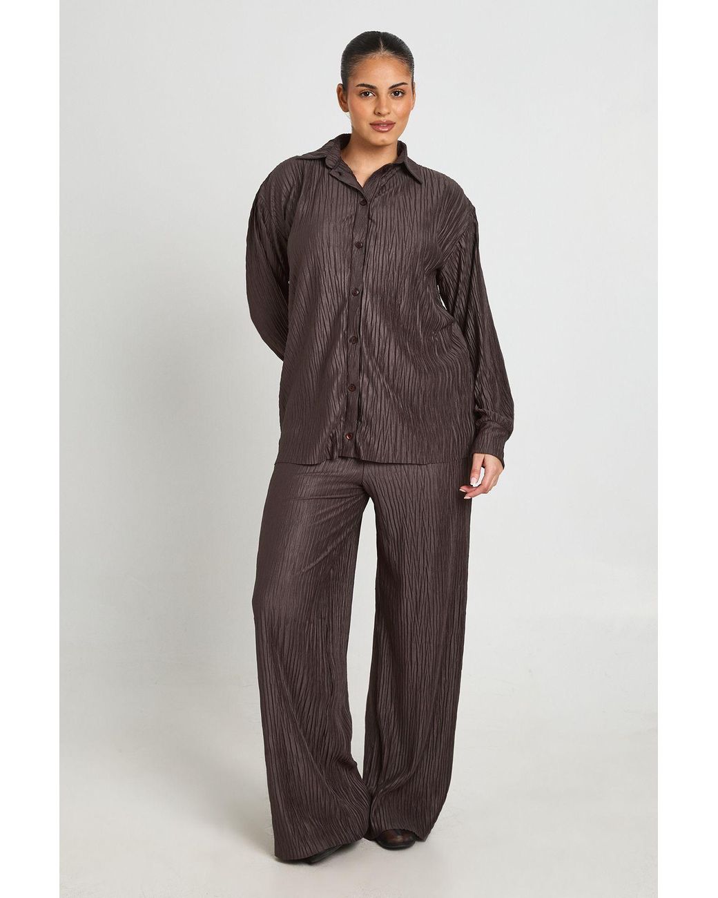 Boohoo Brown Plus Plisse Oversized Shirt