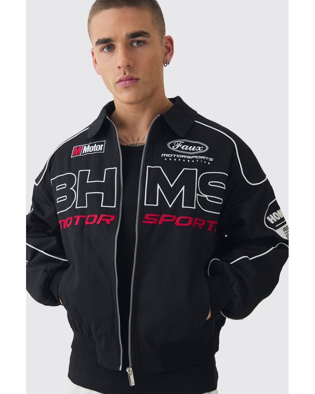 BoohooMAN Black Boxy Badge Twill Moto Jacket for men