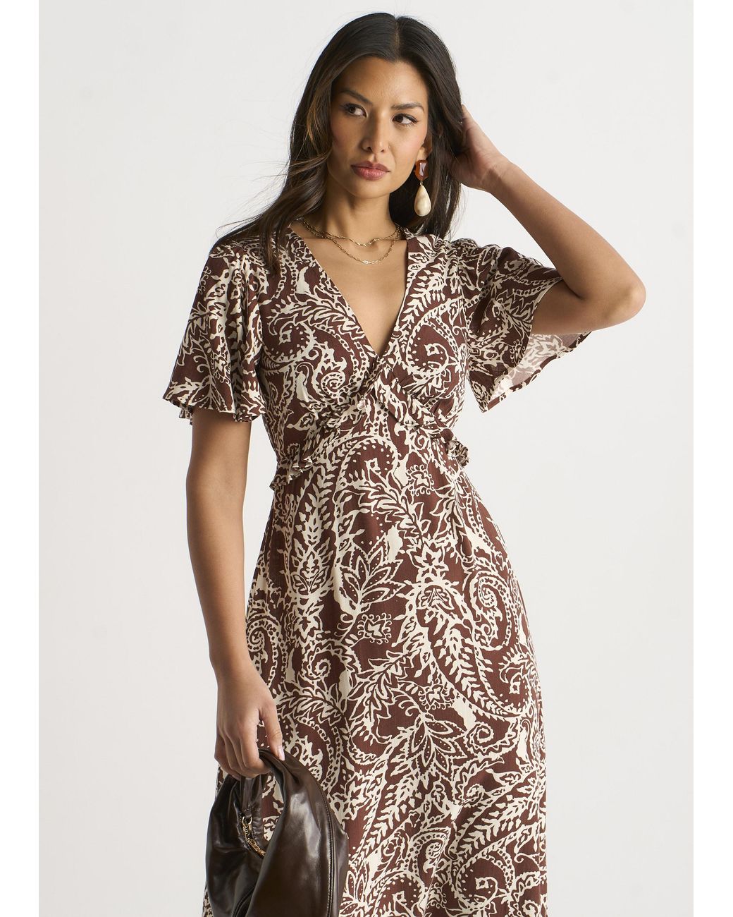 Gini London Natural Paisley Print Ruffle Midi Dress