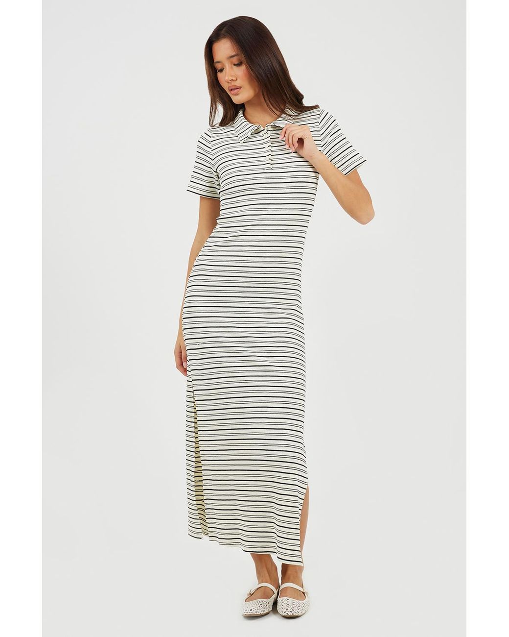 Brave Soul Natural Striped Collared Maxi Dress With Split Detail