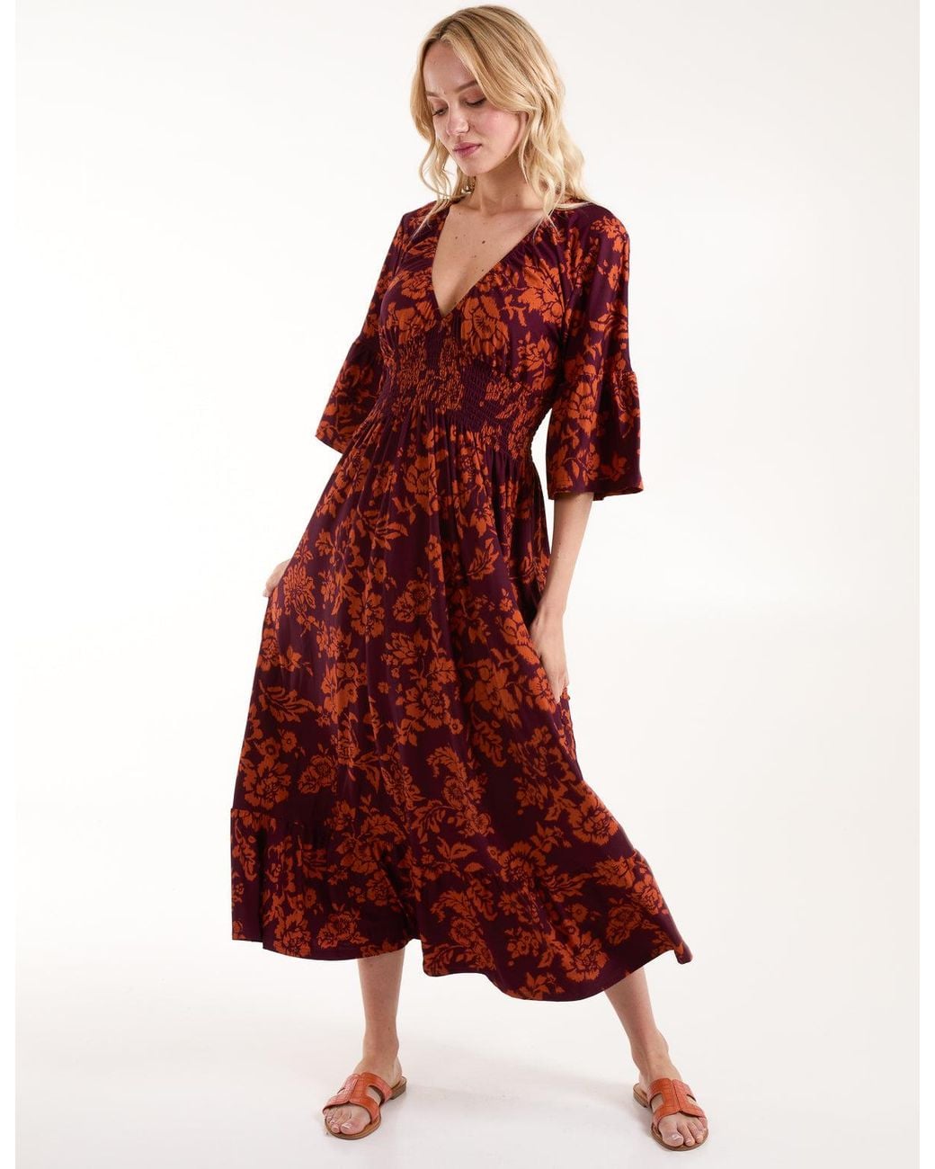 Blue Vanilla Elasticated Neck Shirred Waist Midi Dress