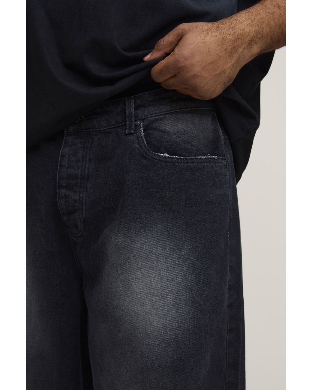 BoohooMAN Black Plus Tinted Washed Relaxed Fit Distressed Jeans for men