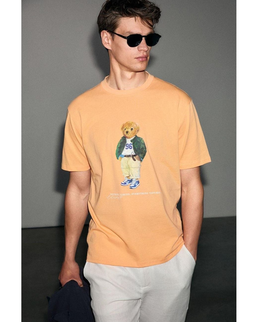 Grimelange Orange Printed Crew Neck T-Shirt for men