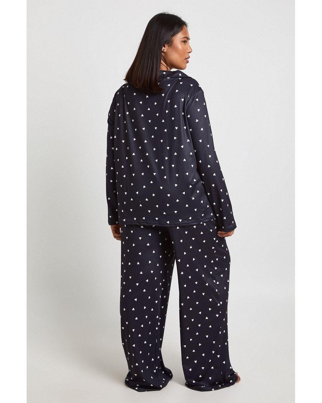 Boohoo Blue Plus Heart Print Long Sleeve Shirt & Trouser Pyjama Set