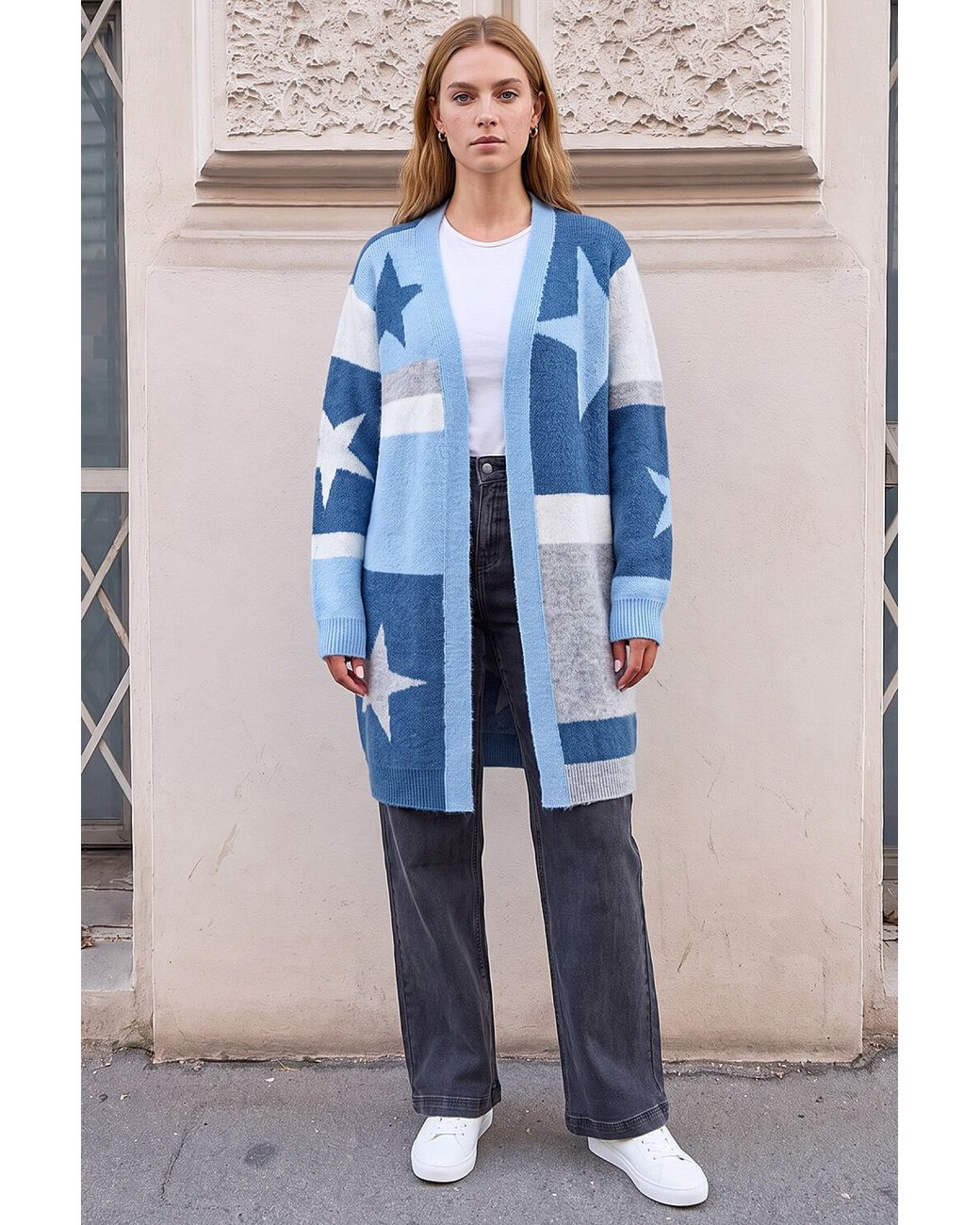 Roman Blue Star Print Longline Stretch Cardigan