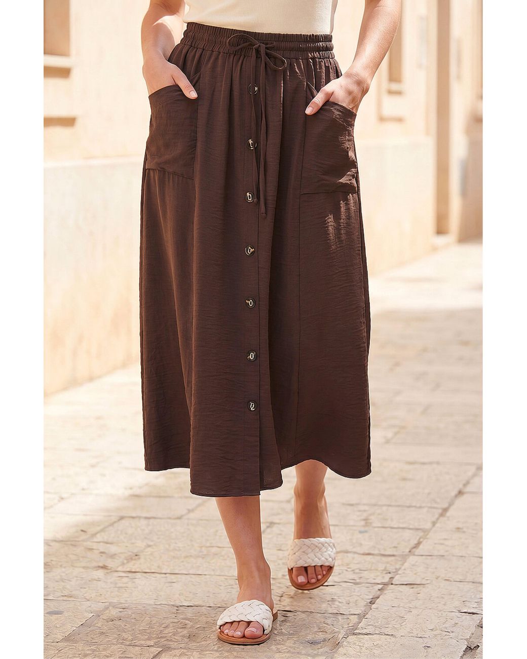 Roman Brown Air Flow Button Front Tie Midi Skirt