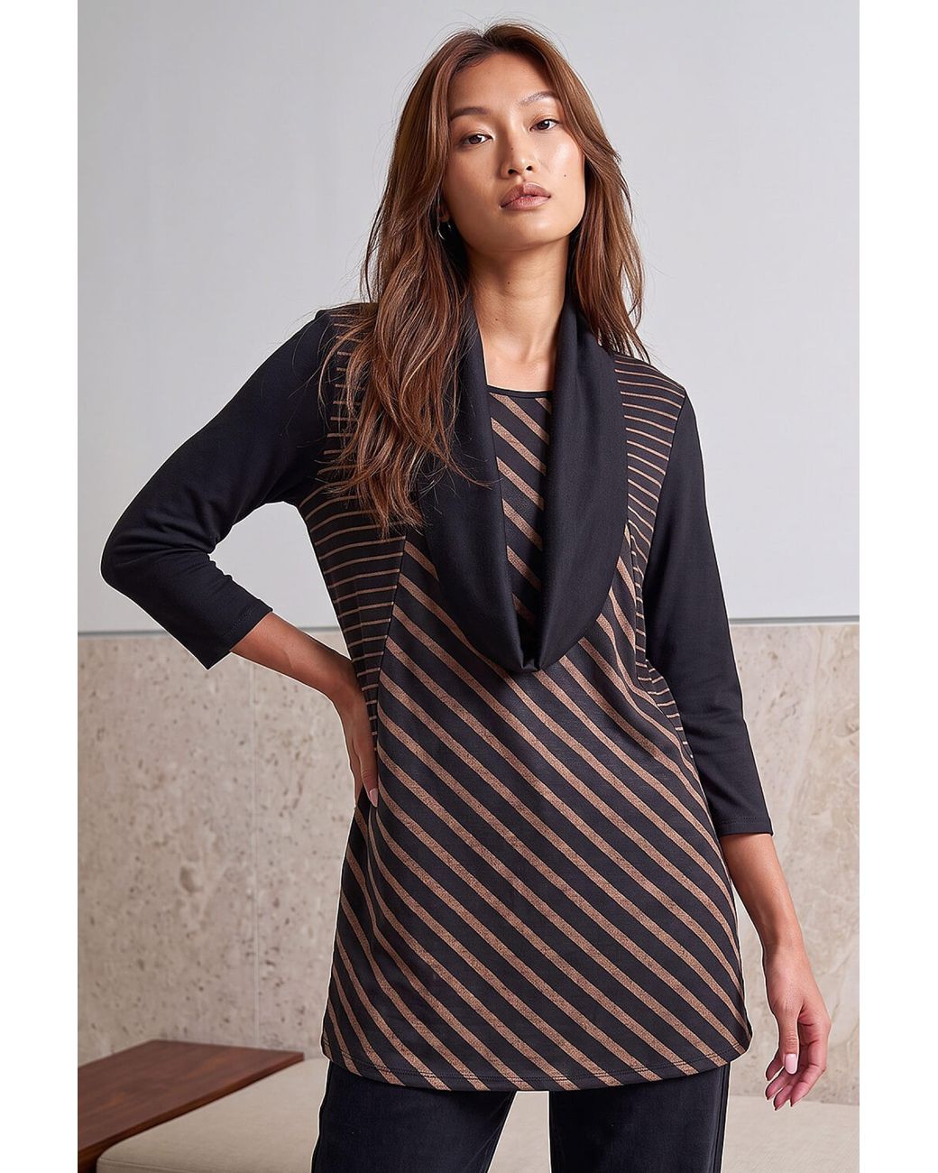 Roman Brown Stripe Snit Snood Tunic Top
