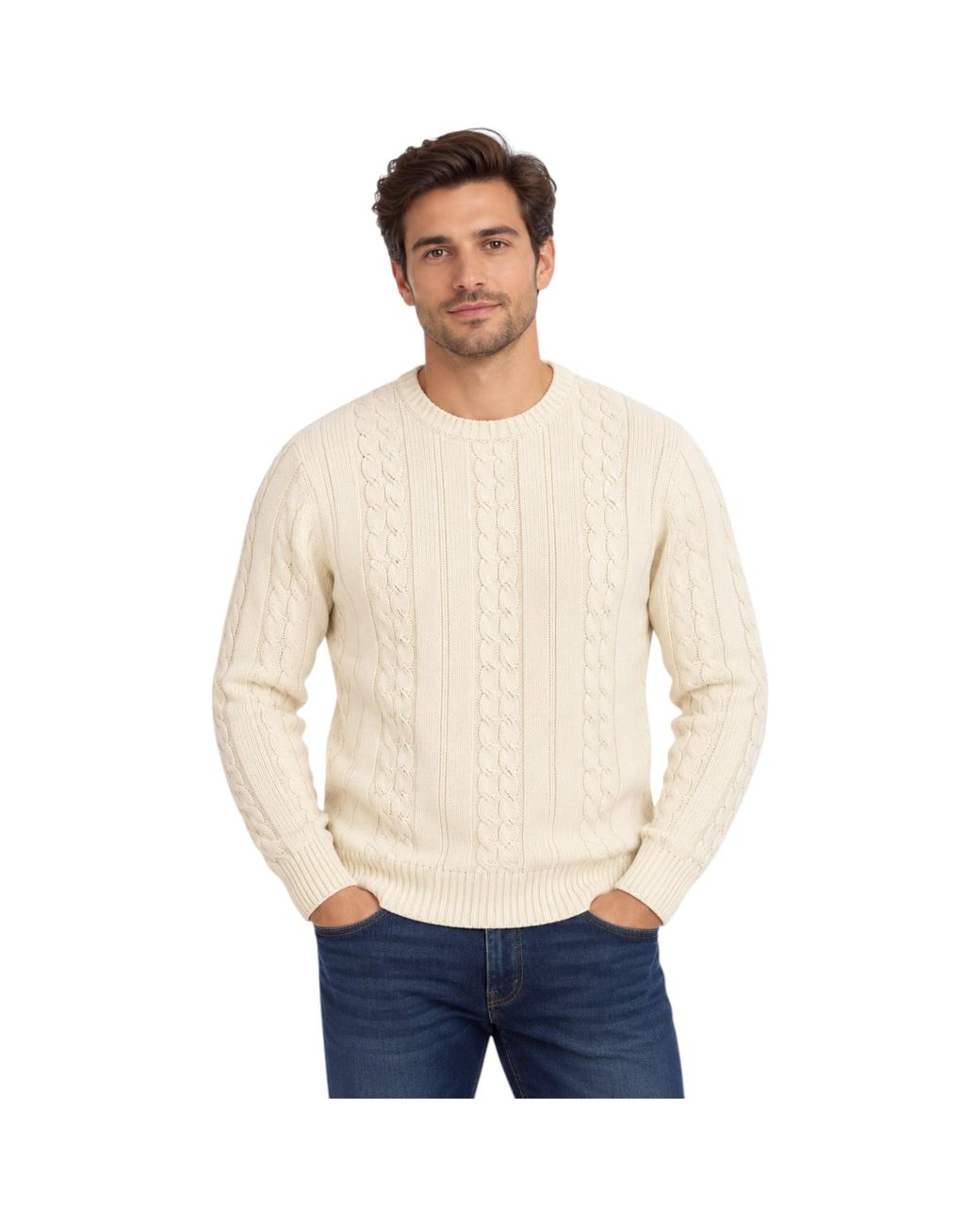 Marks & Spencer Natural M&S Cable Knit Sweatshirt Chunky Crew Neck Pullover Cotton Warm Soft Jumper for men