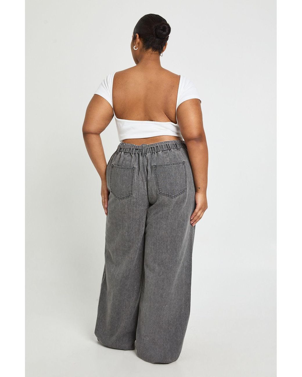Boohoo Gray Plus Elasticated Back Tie Wide Leg Jean