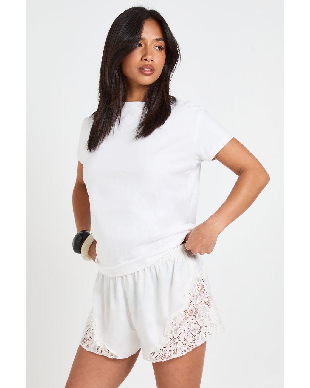Boohoo White Petite Satin Lace Trim Runner Short