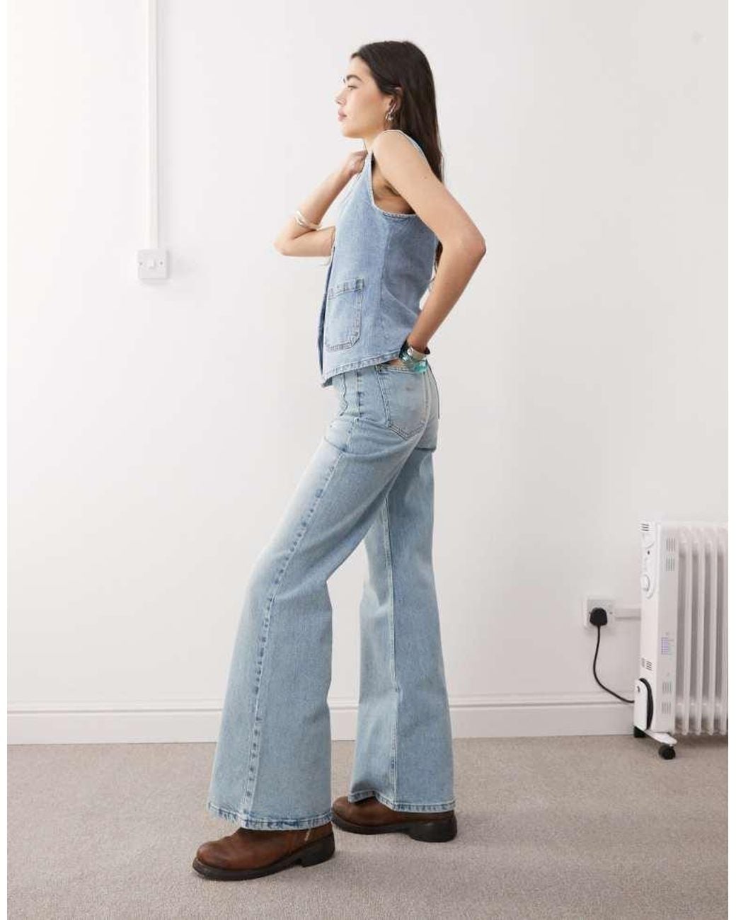 Reclaimed Vintage Blue Denim 70S Palazzo Jean With Patch Pockets And Button Fly Detail