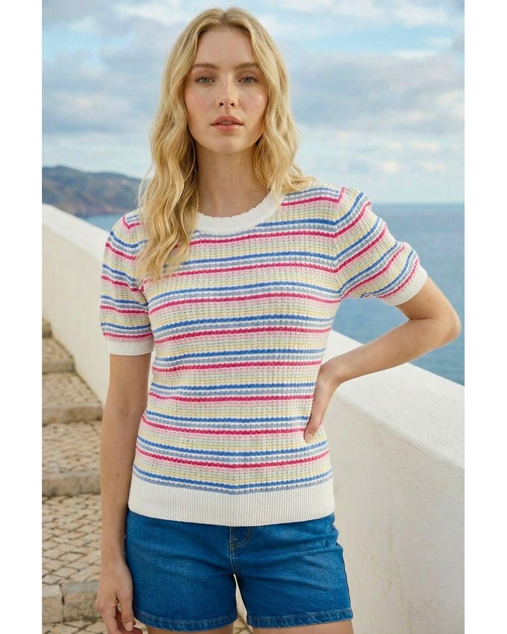 Roman Blue Scallop Edge Stripe Knit Top