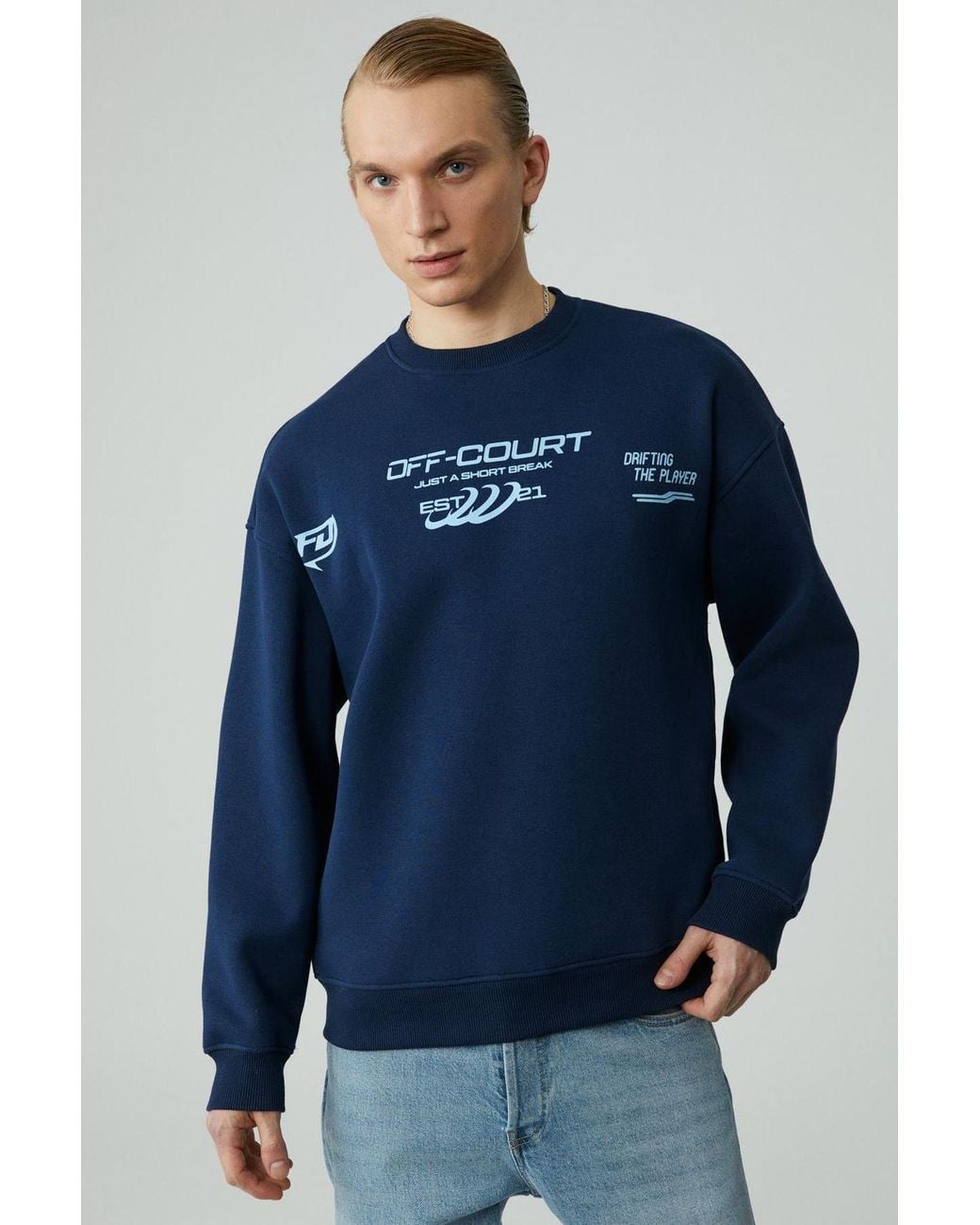 Grimelange Blue Printed Crew Neck Sweatshirt for men