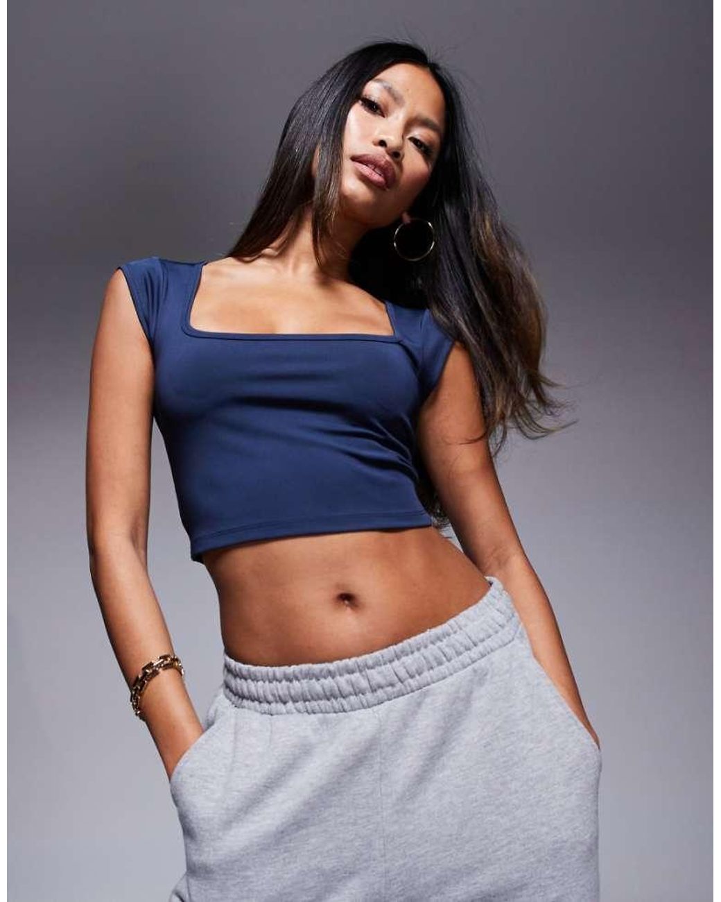 4505 Blue Active Square Neck Cap Sleeve Top