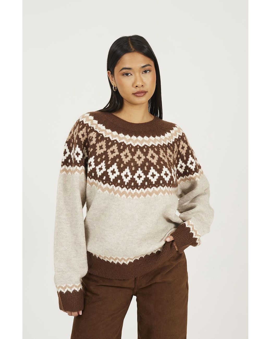 Brave Soul Natural Crew Neck Fairisle Jumper