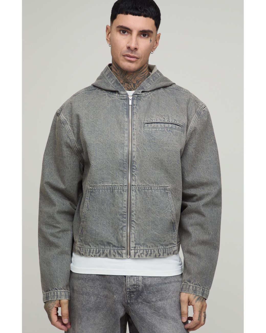 BoohooMAN Gray Tall Basic Boxy Oversized Zip Through Denim Hoodie for men