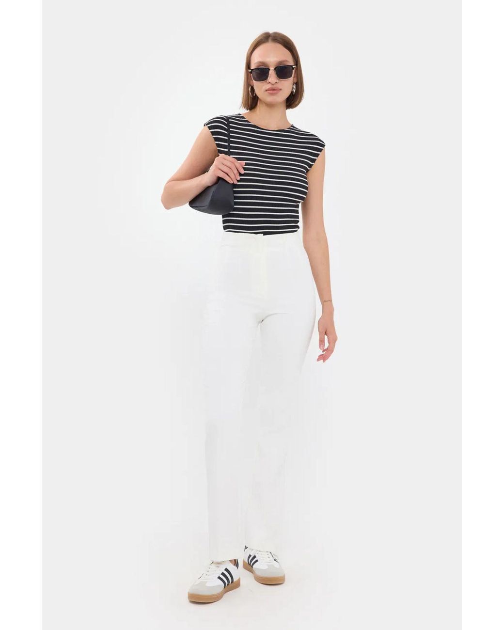 Hiccup White Striped Ribbed Cap-Sleeve Top
