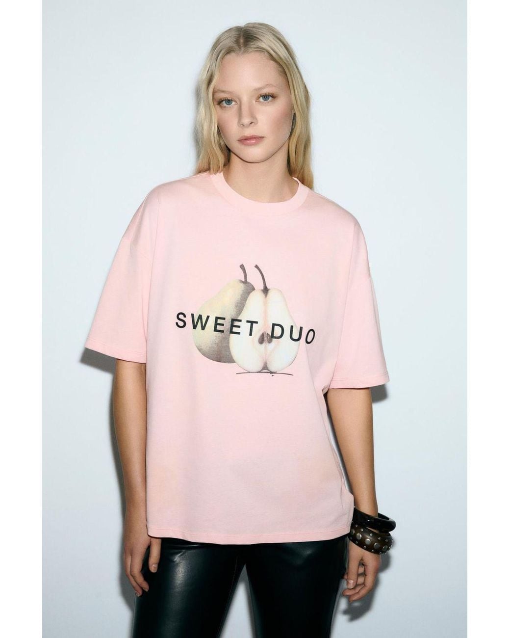Grimelange Pink Oversized Printed Crew Neck T-Shirt