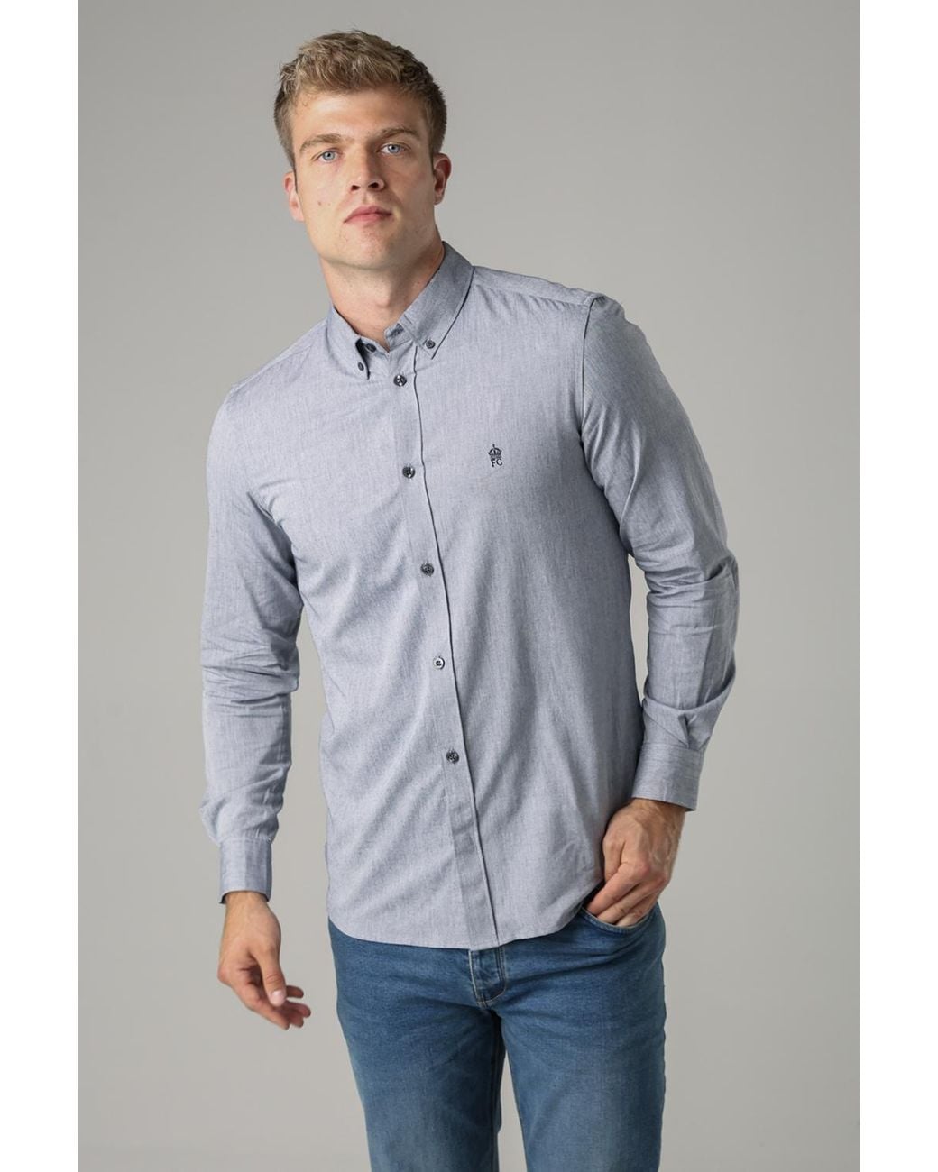 French Connection Gray Cotton Long Sleeve Oxford Shirt for men