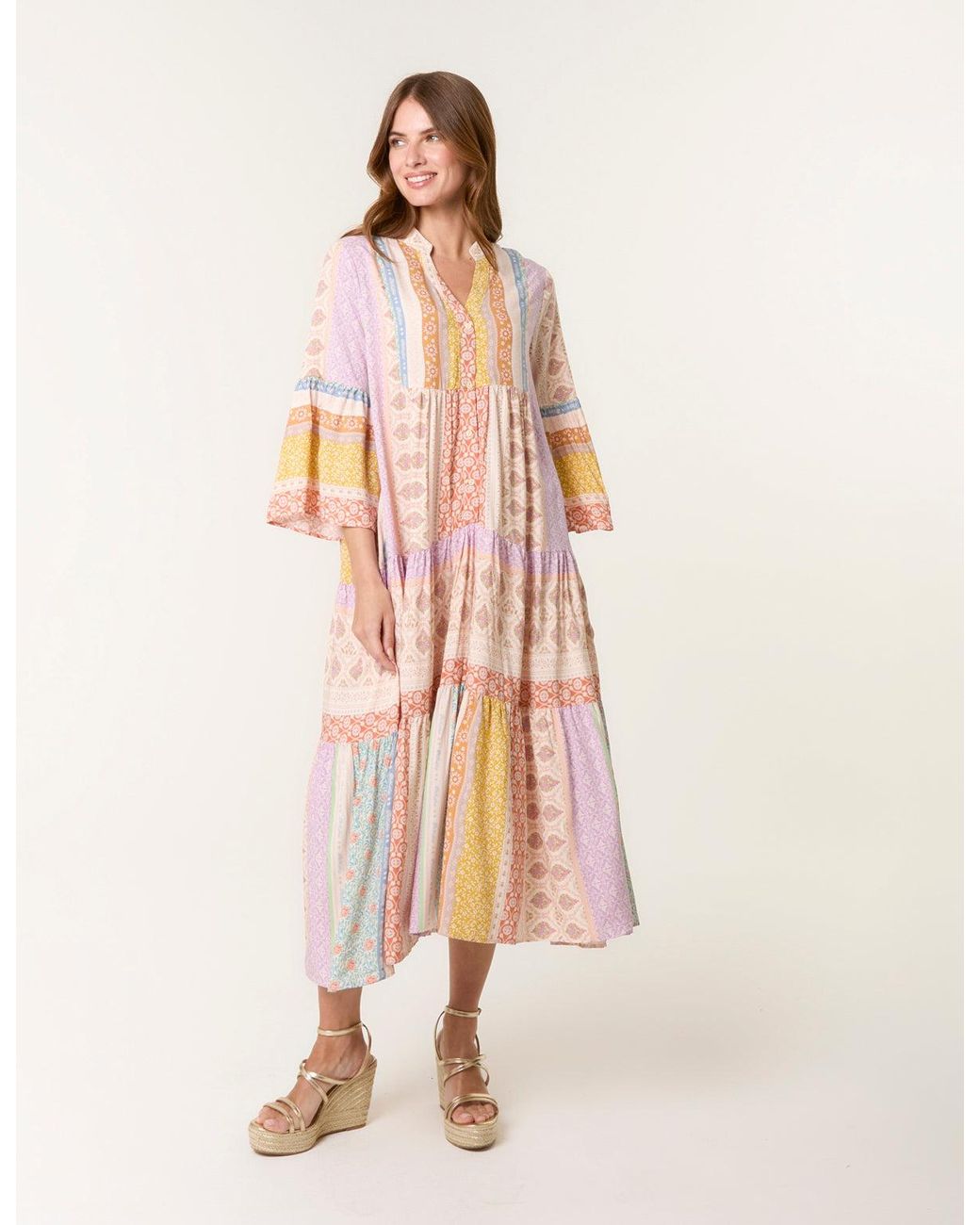 Blue Vanilla Pink V Neck Smock Midi Dress