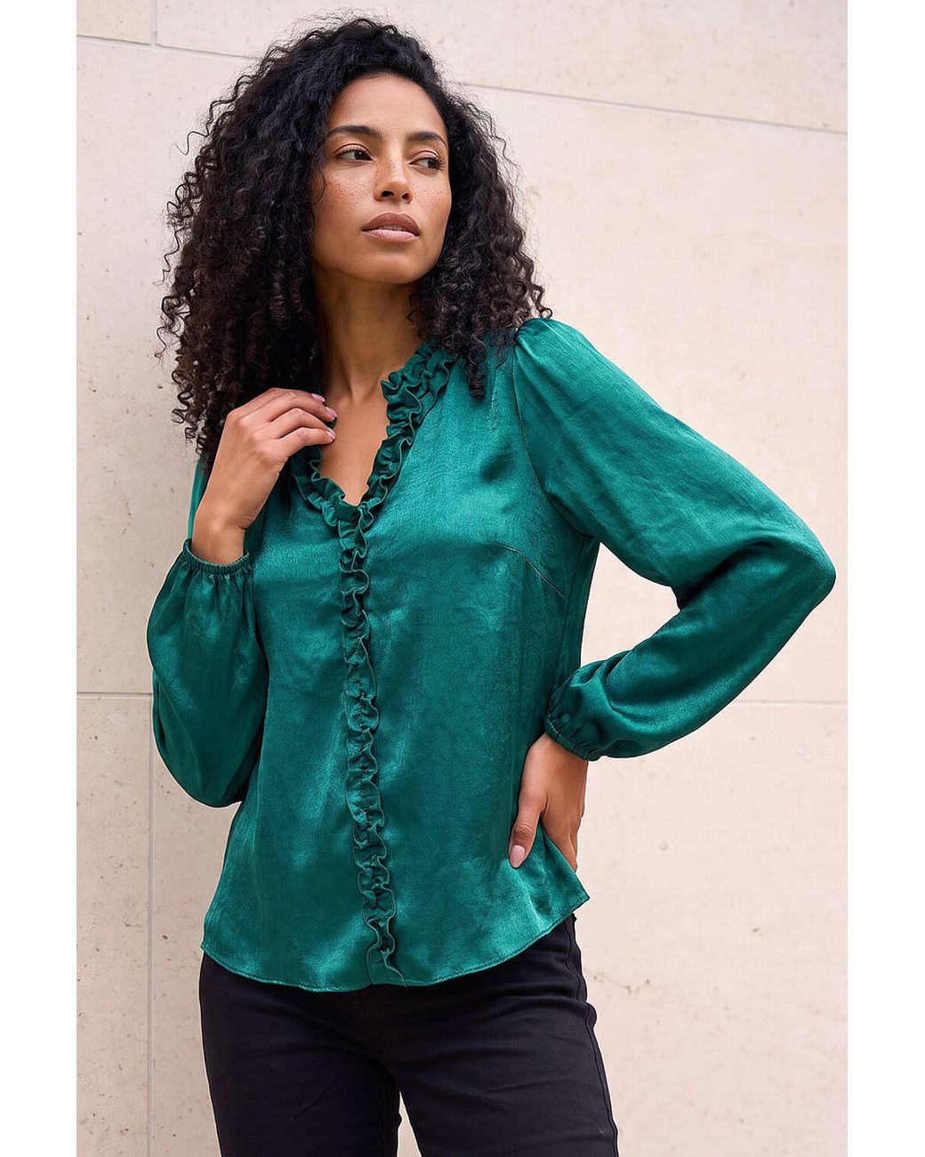 Roman Green Crinkle Satin Frill V-Neck Top