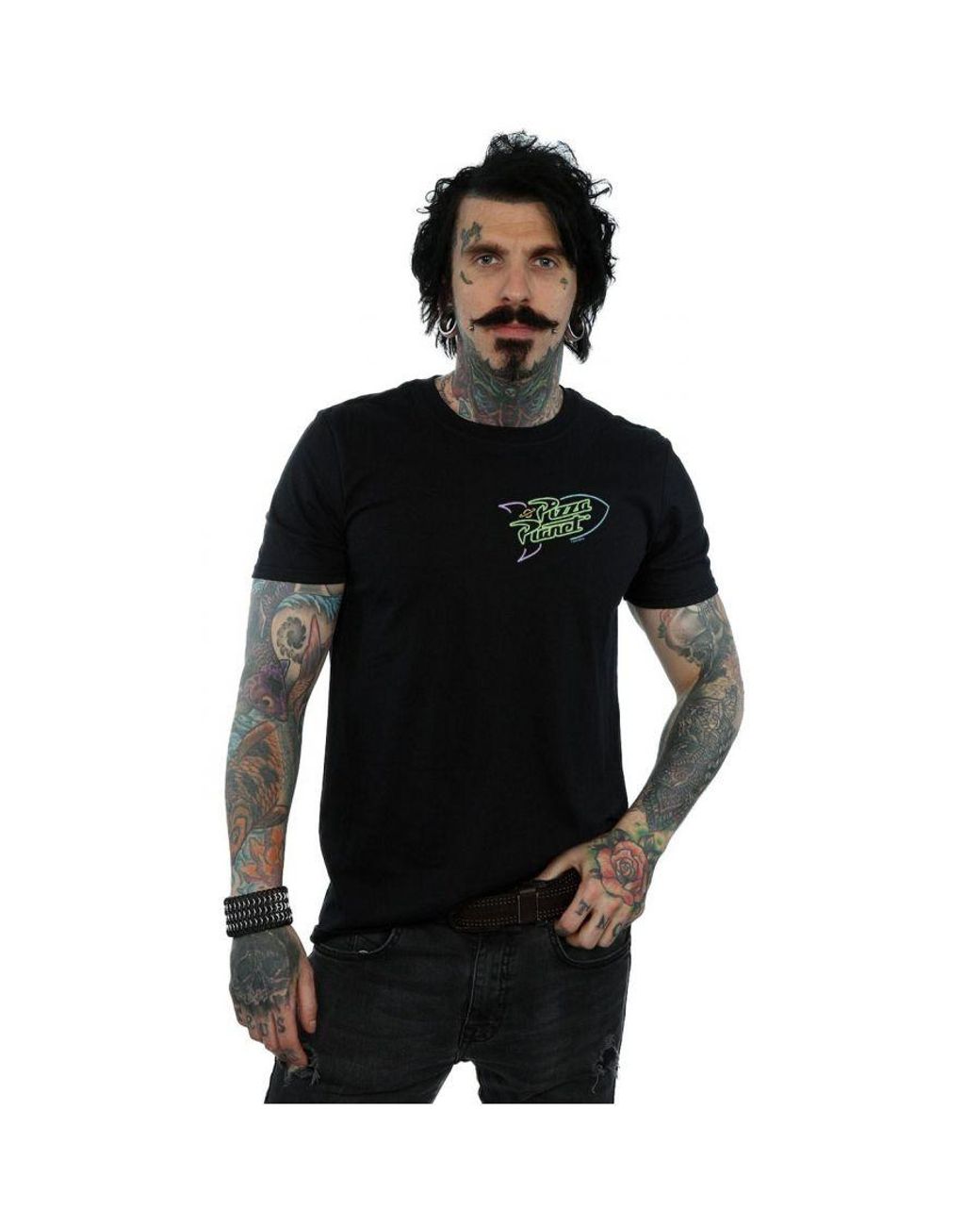 Disney Black Toy Story Neon Pizza Planet Breast Print T-Shirt Cotton for men