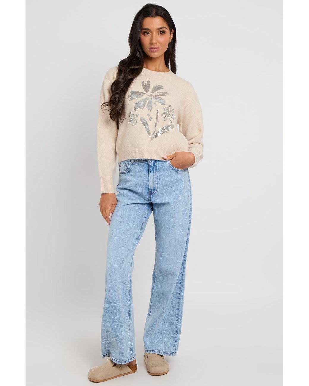 Urban Bliss Blue Floral Sequin Placement Jumper