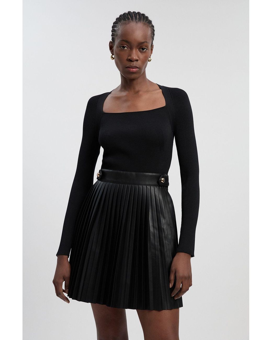Karen Millen Viscose Rib Pu Mix Tab Detail Pleated Knit Mini Dress in Black