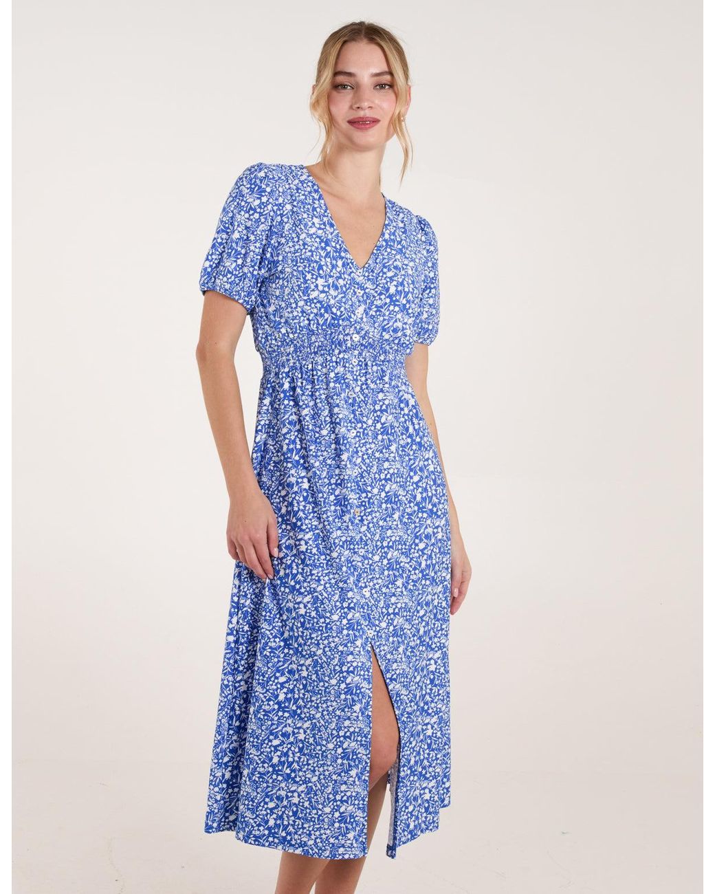 Blue Vanilla Blue Short Sleeve Button Front Split Midi Dress