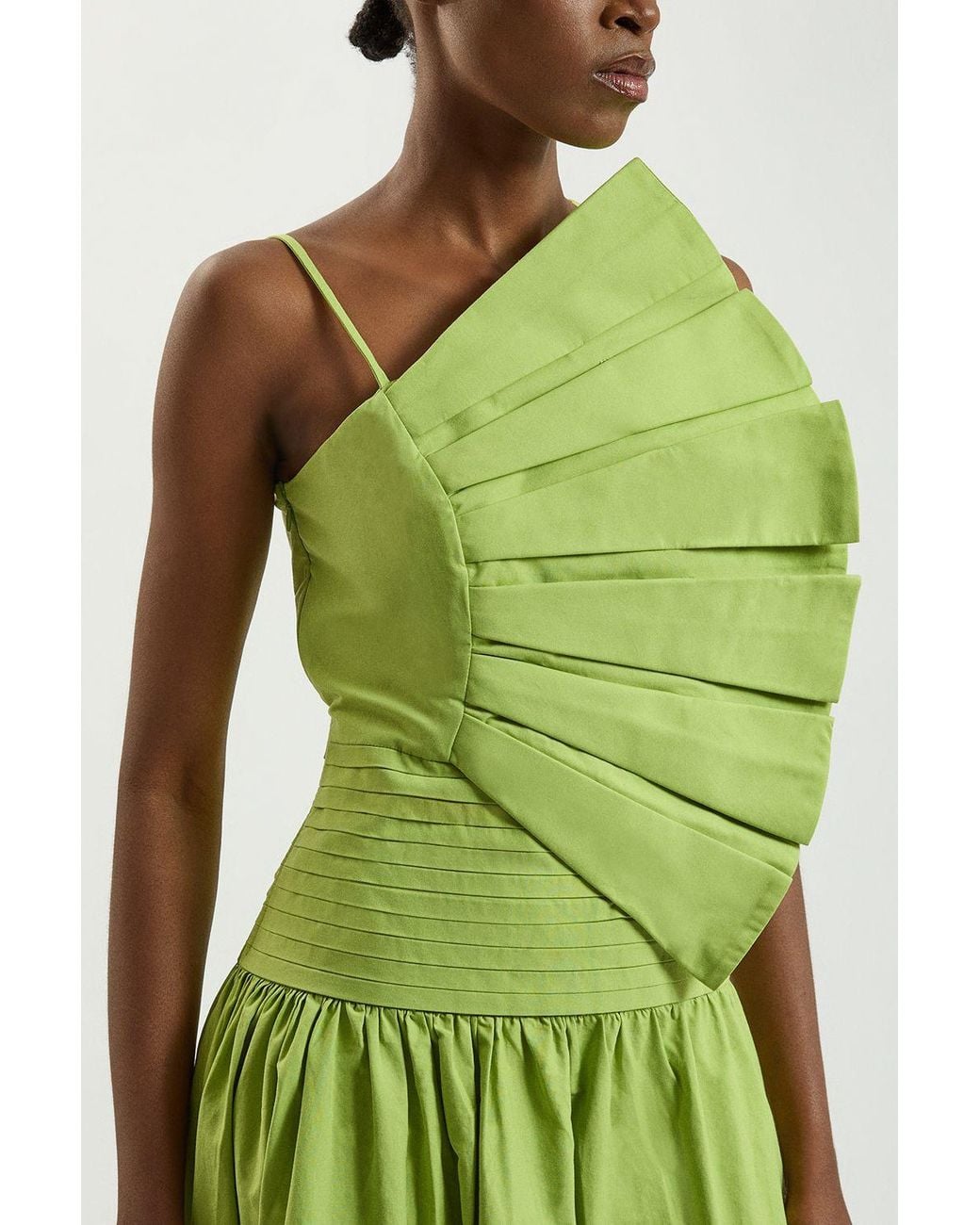 Karen Millen Green Cotton Poplin 3D Pleat Detail Woven Midi Dress