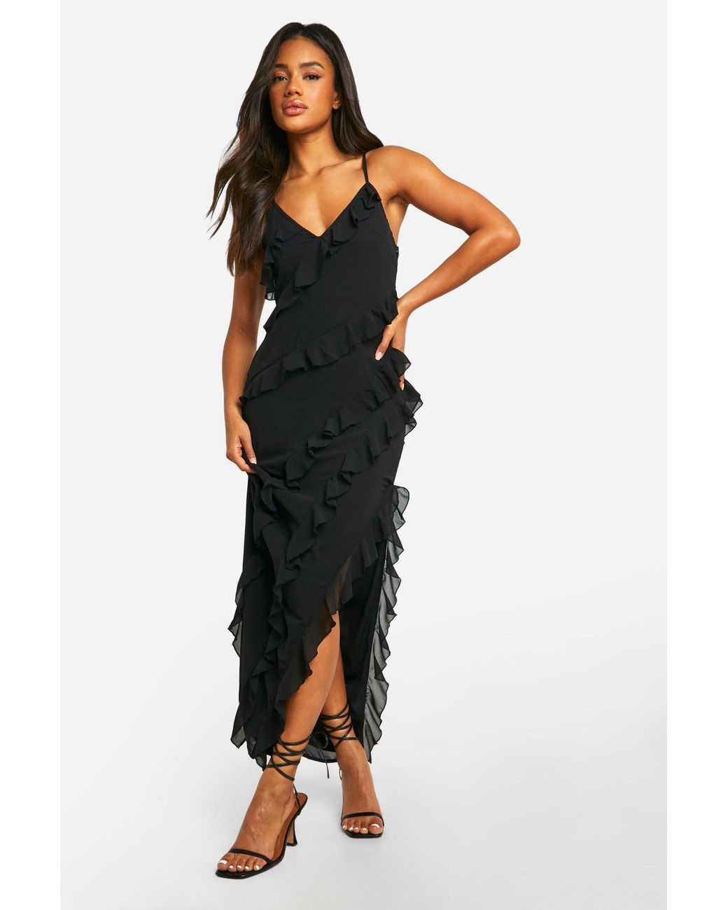 Boohoo Black Ruffle Chiffon Maxi Dress