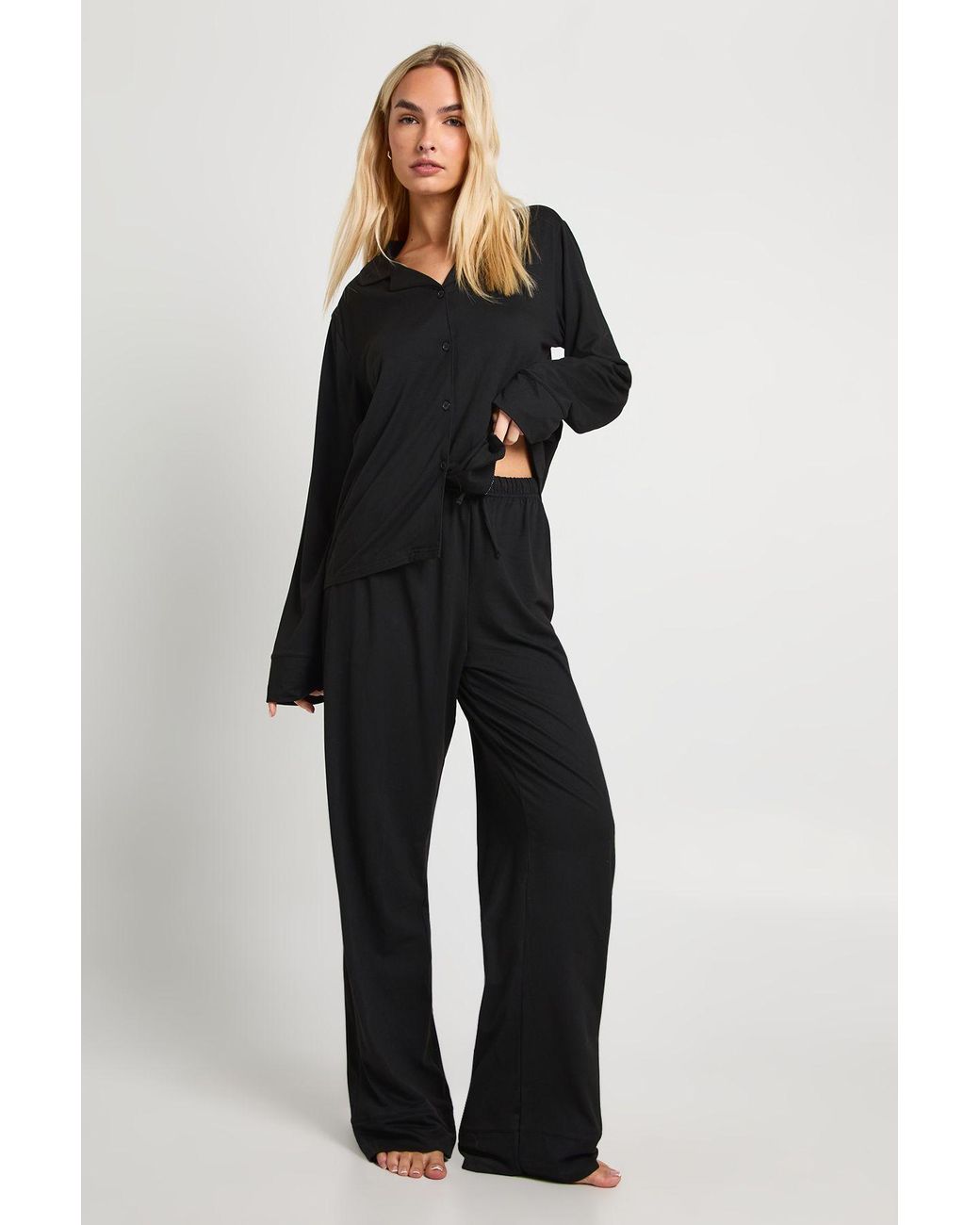 Boohoo Blue Soft Touch Button Through Shirt And Trouser Pyjama Set