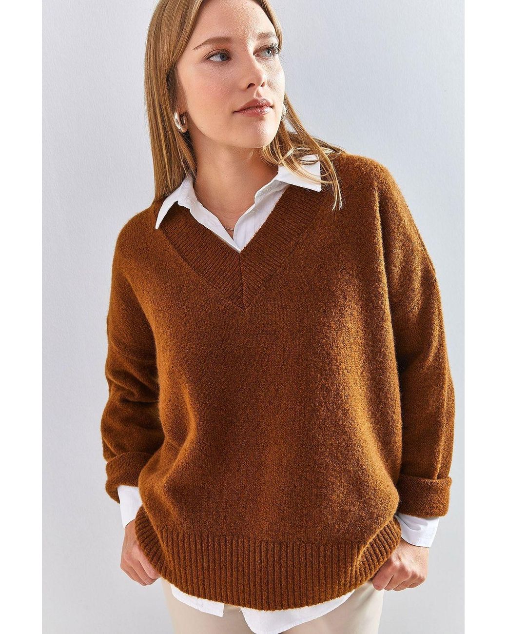 Bianco Lucci Brown V-Neck Long Sleeve Sweater