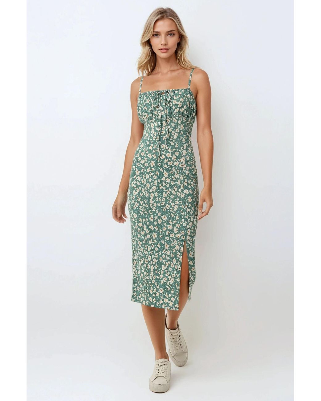Hiccup Green Allover Flower Print Bodycon Midi Dress With Slit