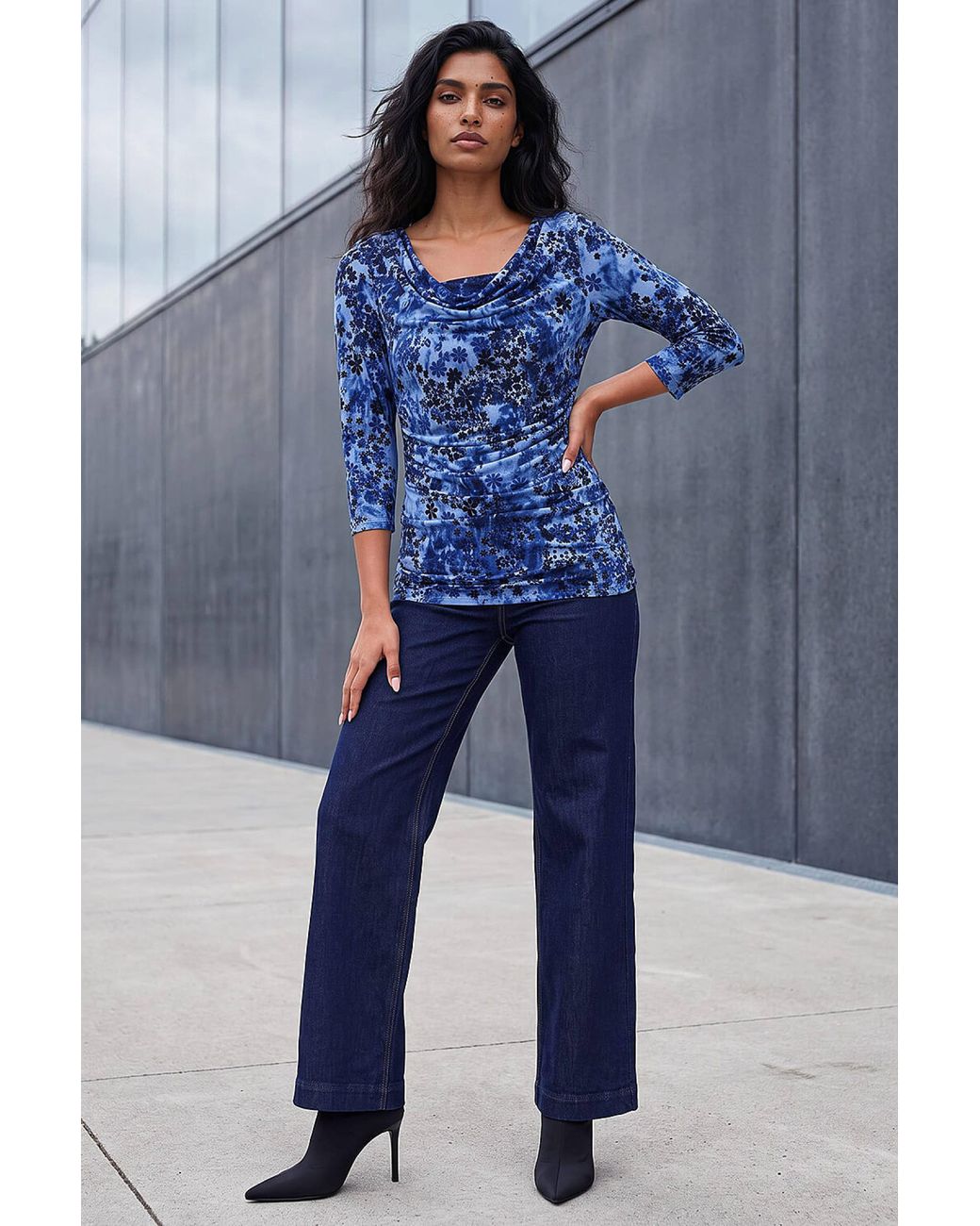 Roman Blue Shadow Floral Cowl Neck Top