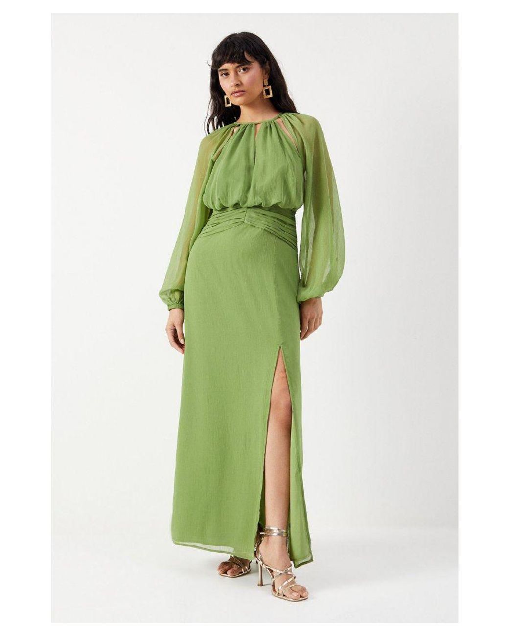 Warehouse Chiffon Cut Out Detail Volume Sleeve Maxi Dress in Green Lyst UK