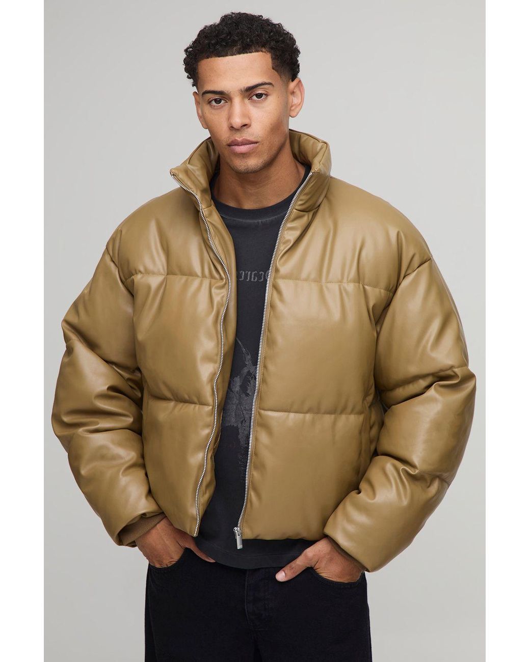 BoohooMAN Natural Boxy Fit Curved Hem Pu Puffer Jacket for men