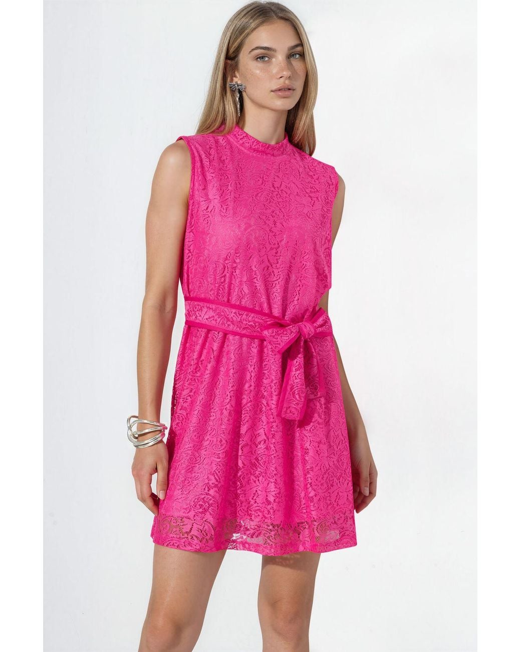 Msn-Collection Pink Belted Strapless Lace Mini Dress