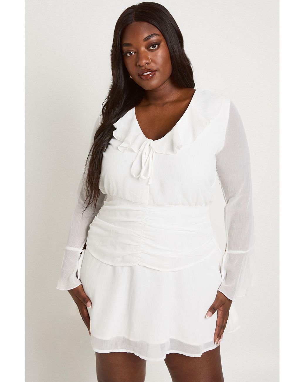Boohoo White Plus Chiffon Ruched Waist Skater Dress