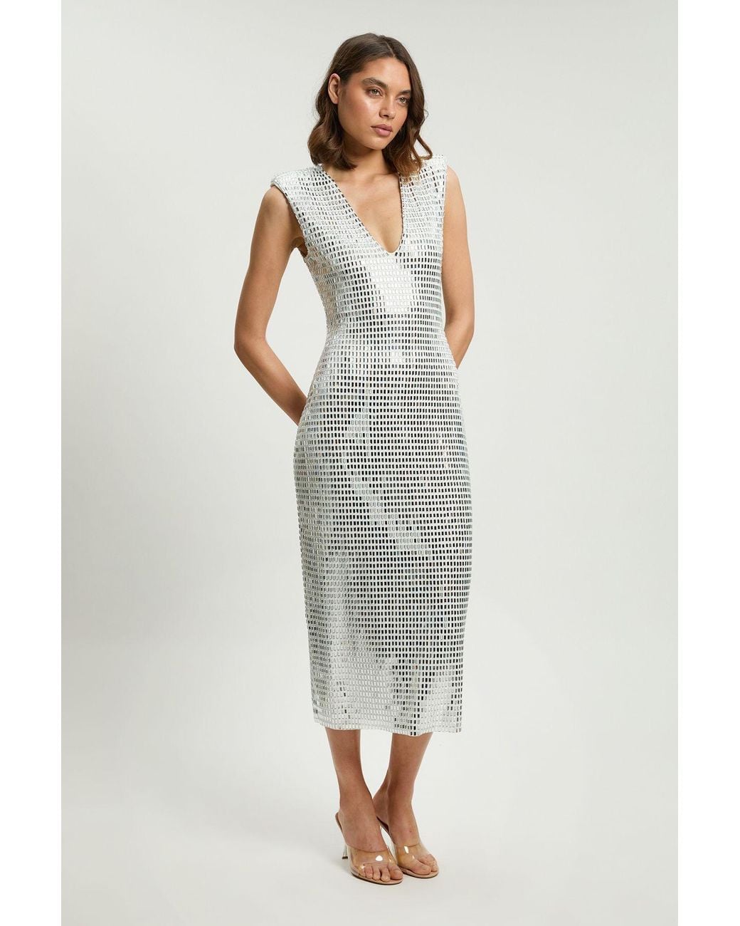 Karen Millen Gray Premium Crystal Embellished Jersey Sleeveless Plunge Neck Midi Dress